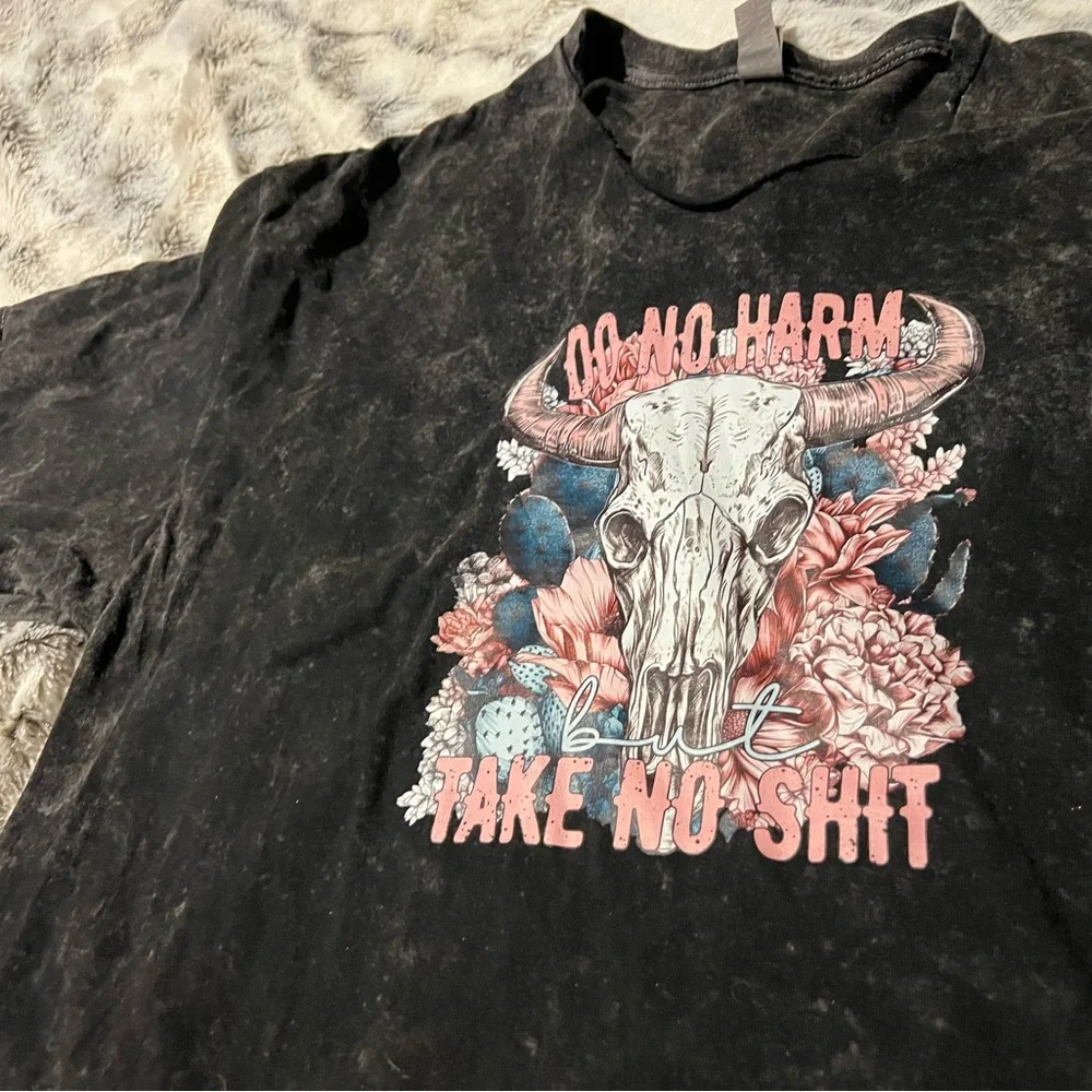 Black Cotton Tee with Skull & Floral Do No Harm Take No Sh!T T Shirt XL - Picture 5 of 7